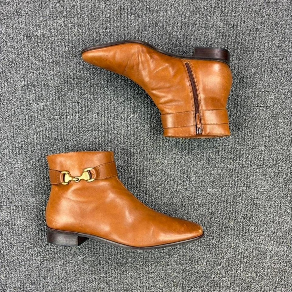 Women's Tan Brown Leather Side Zip Square Ankle Campus Boots size 7 B